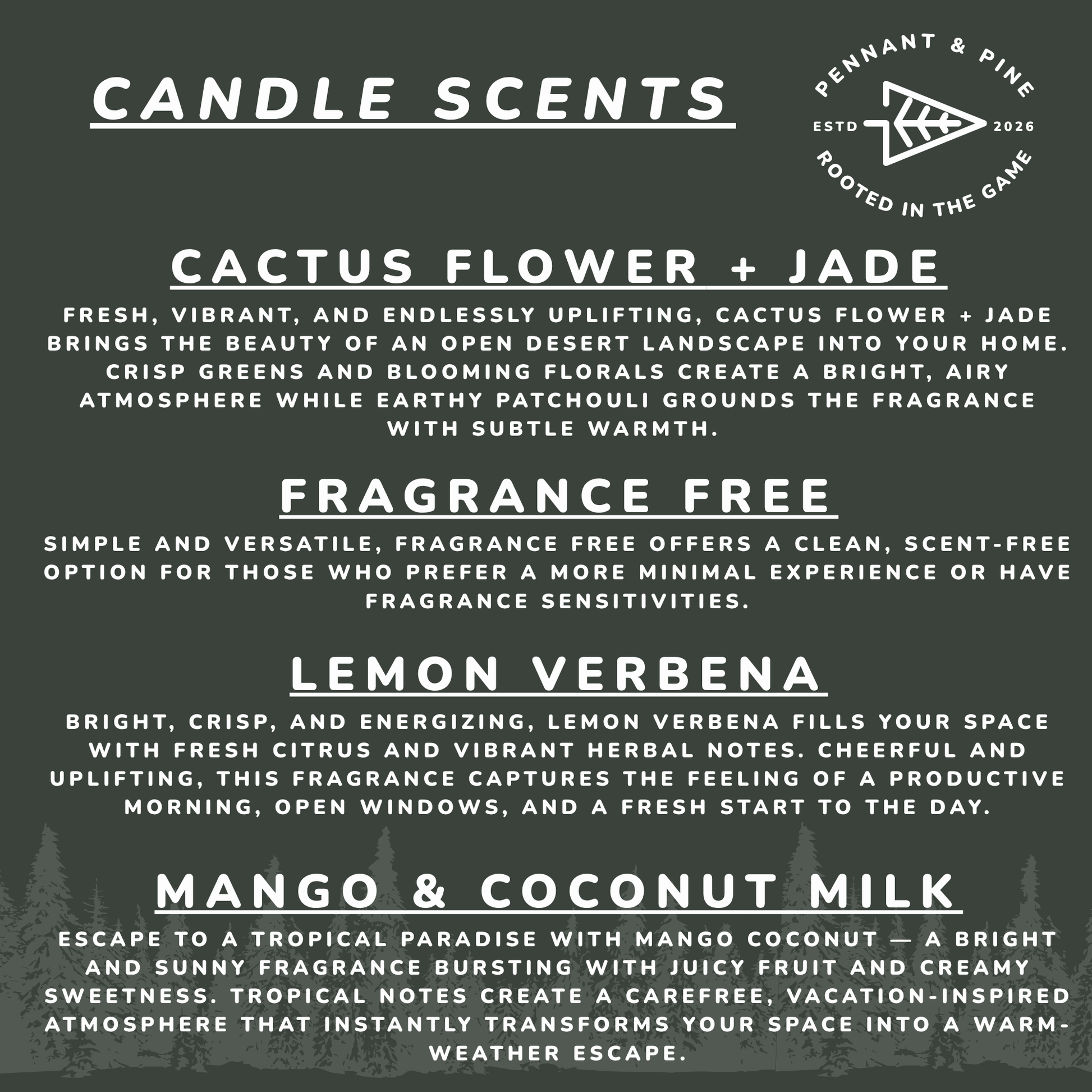 List of candle scents with descriptions and brand logo on a dark background