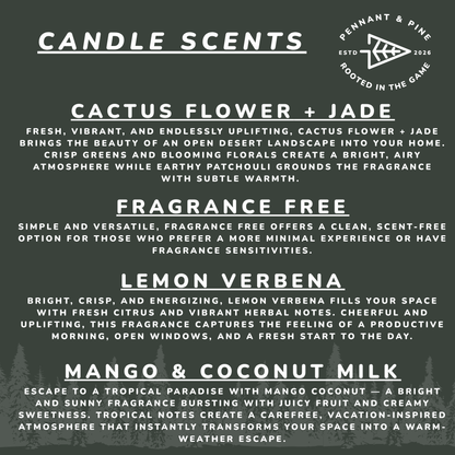List of candle scents with descriptions and brand logo on a dark background