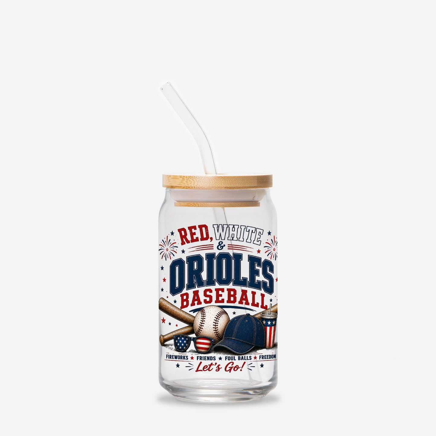 Glass tumbler with straw lid featuring 'Red, White & Orioles Baseball' design on a white background