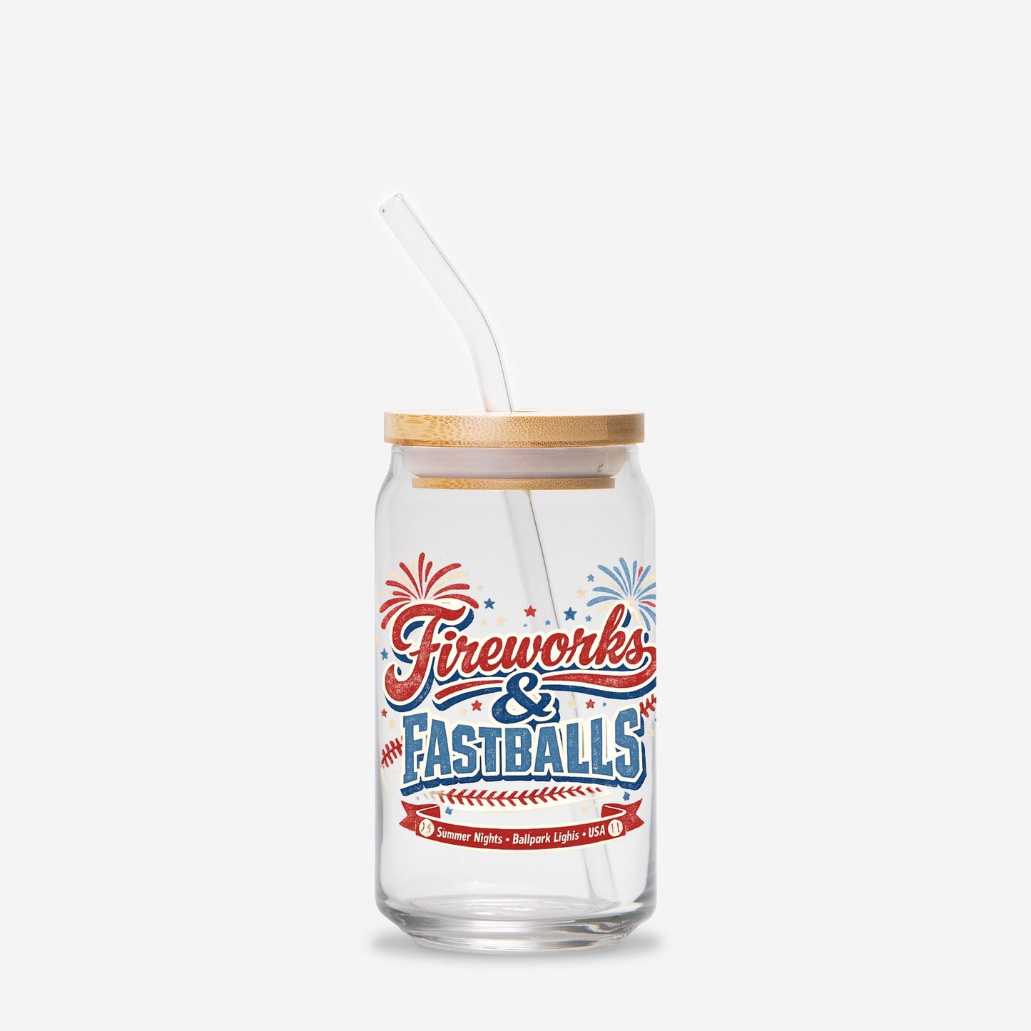 Fireworks and Fastballs 4th of July Glass Can 16oz