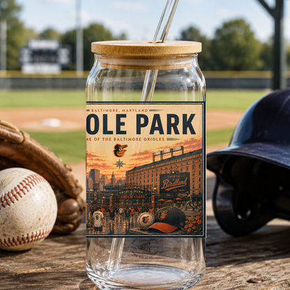 Glass tumbler with 'Ole Park' design on a baseball field background
