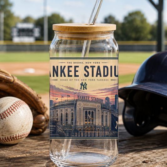 Glass tumbler with 'Yankee Stadium' design on a baseball field background
