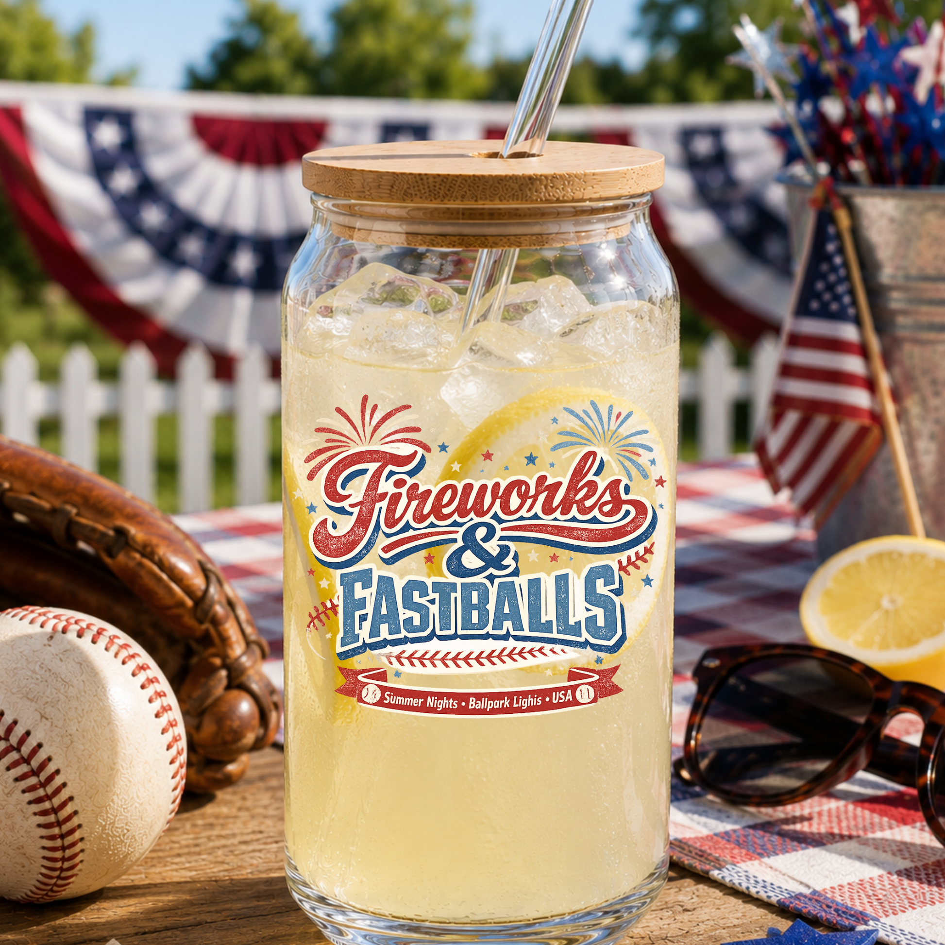 Glass jar with lemonade and 'Fireworks & Fastballs' label on a table with American flags and baseball equipment.