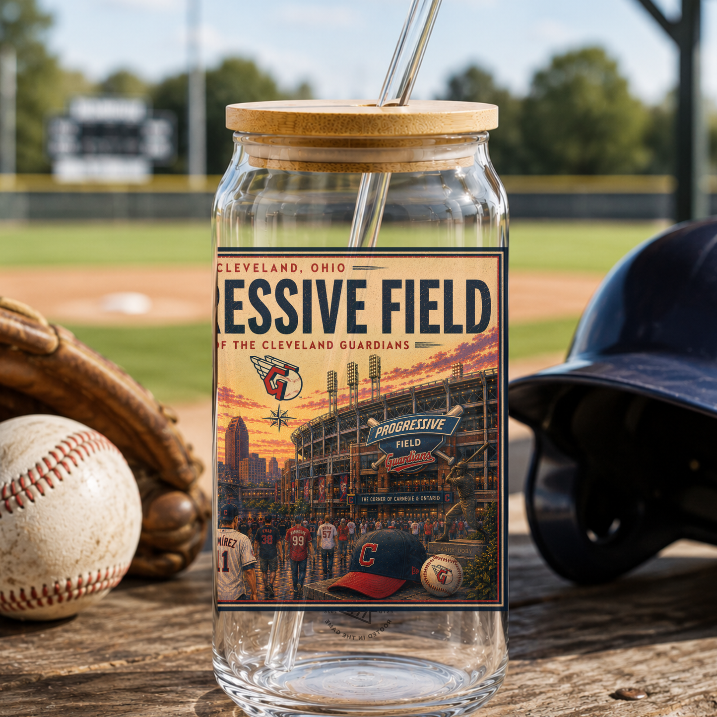 Glass tumbler with lid featuring Progressive Field design, baseball equipment in the background