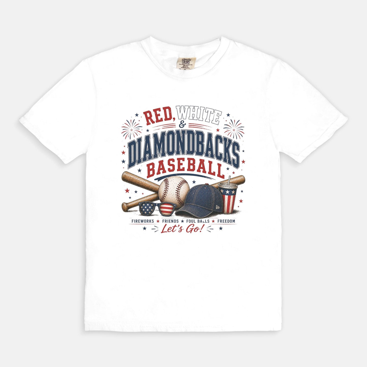 White t-shirt with 'Red, White & Diamondbacks Baseball' design on a white background