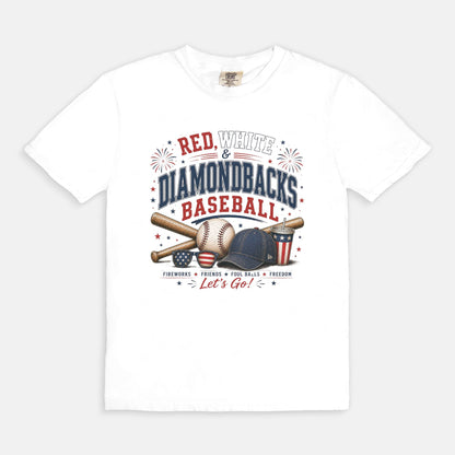 White t-shirt with 'Red, White & Diamondbacks Baseball' design on a white background
