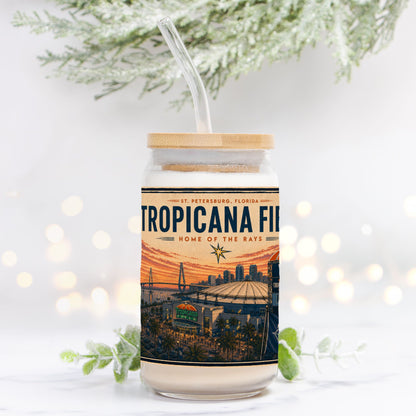 Tumbler with Tropicana Field design on a white background with decorative elements