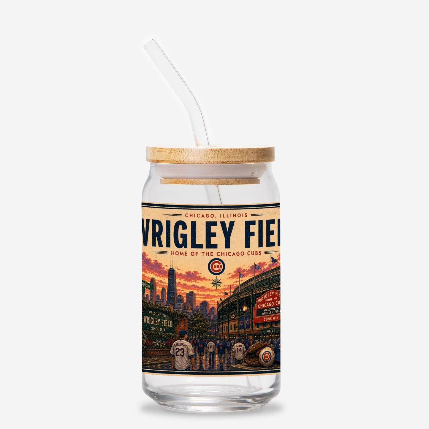 Glass tumbler with straw featuring Vrigley Field design on a white background