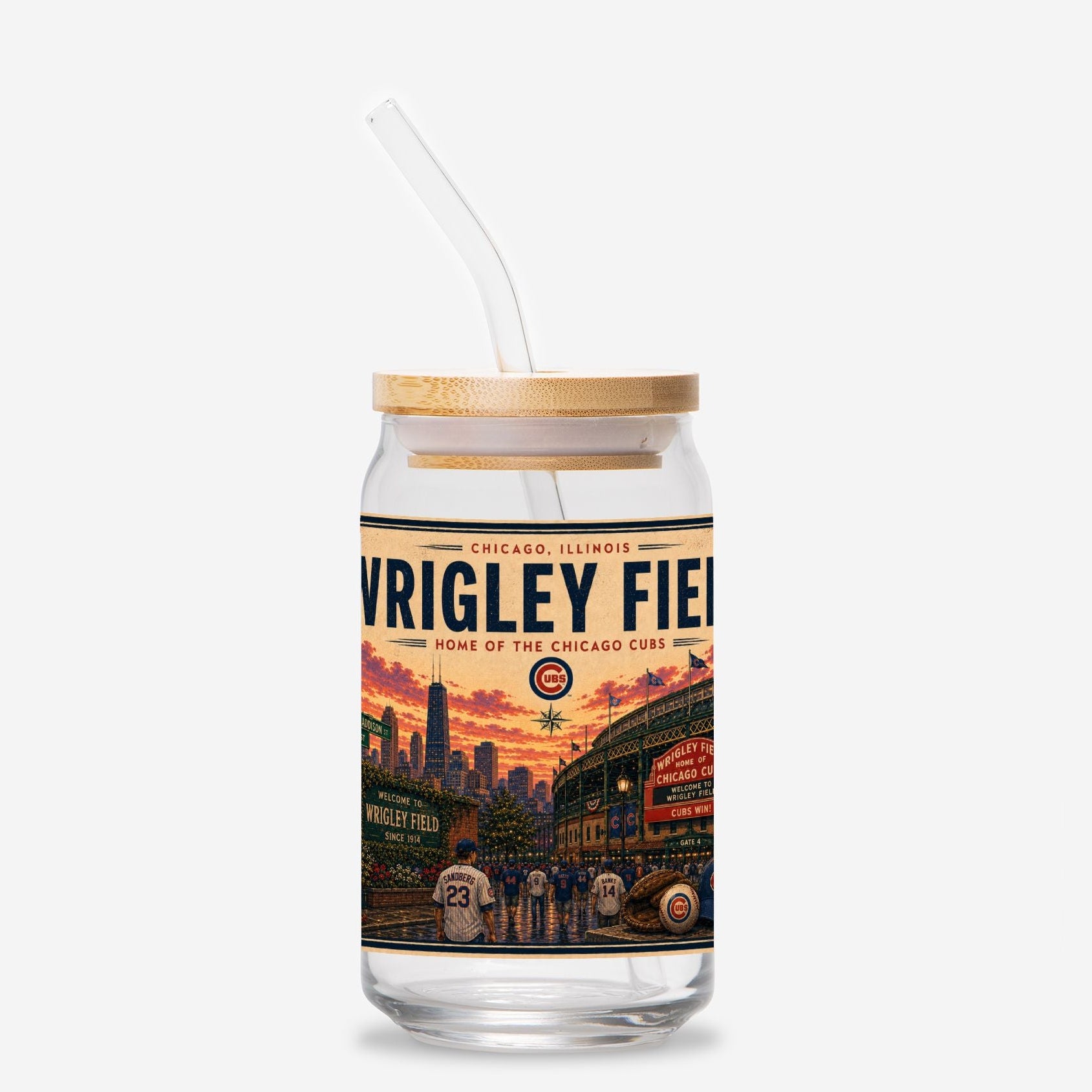 Glass tumbler with straw featuring Vrigley Field design on a white background