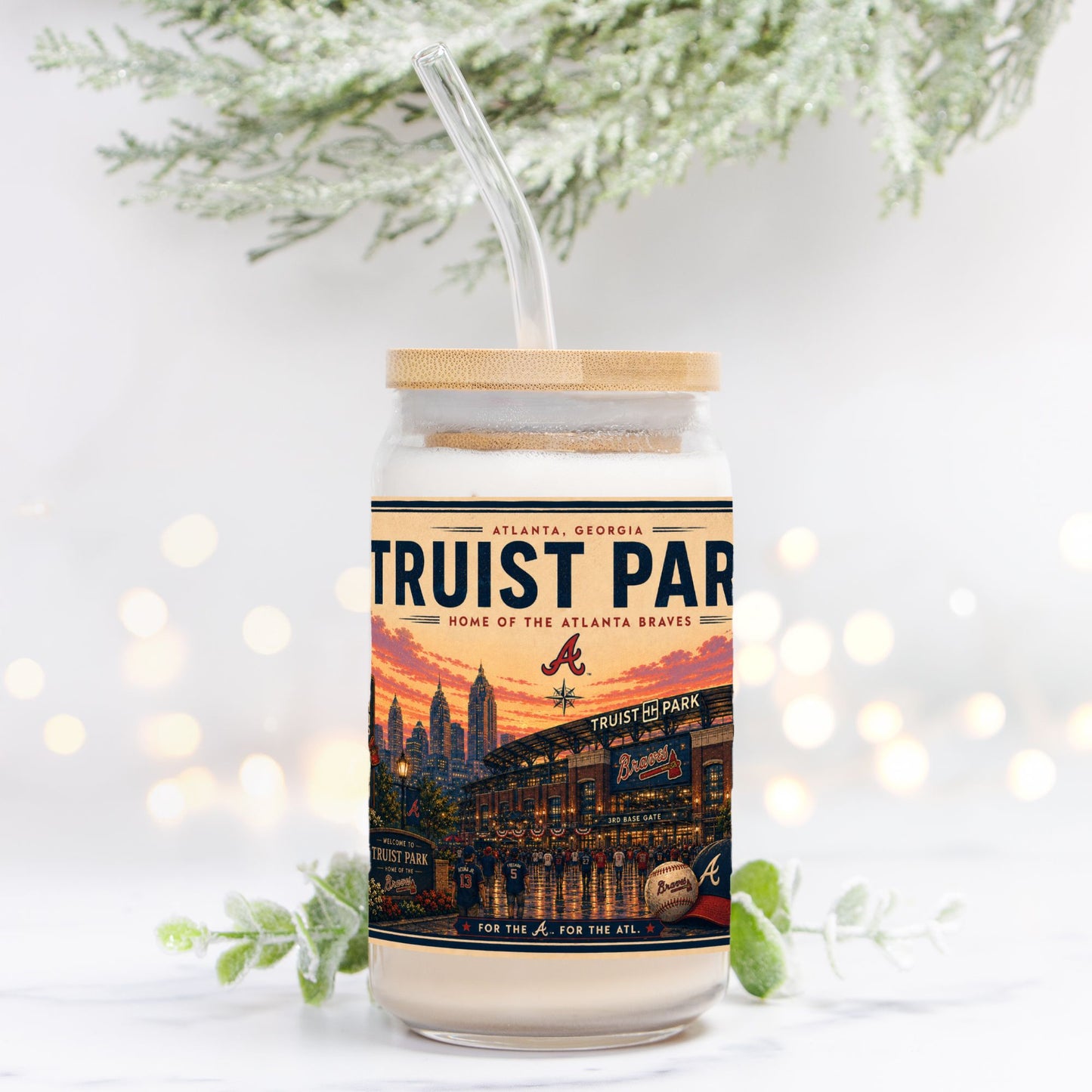 Tumbler with Truist Park design on a white background with decorative elements