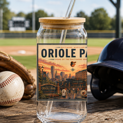 Glass tumbler with 'Oriole Park' label on a baseball field background