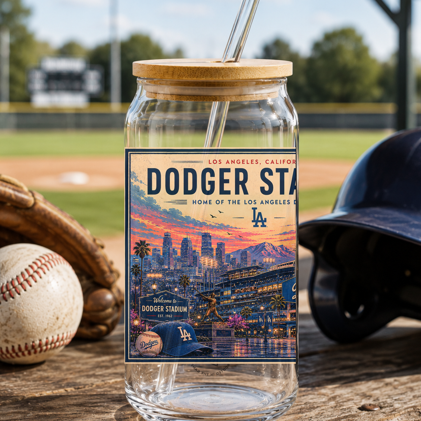 Glass jar with lid featuring Dodger Stadium design, surrounded by baseball equipment on a field.