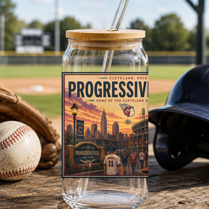 Glass tumbler with a lid featuring a Progressive Field design, surrounded by baseball equipment on a field.