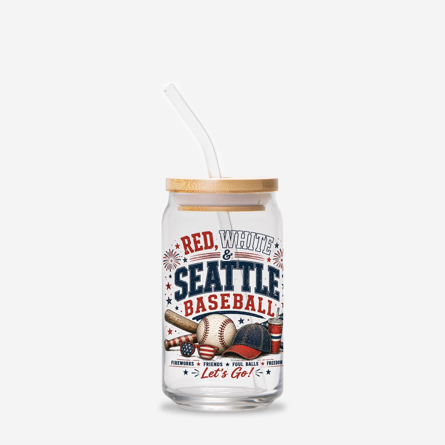 Glass tumbler with straw featuring 'Red, White & Seattle Baseball' design on a white background