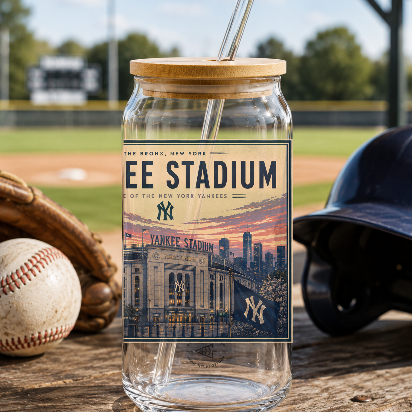 Glass tumbler with a baseball stadium label on a wooden surface with sports equipment in the background.
