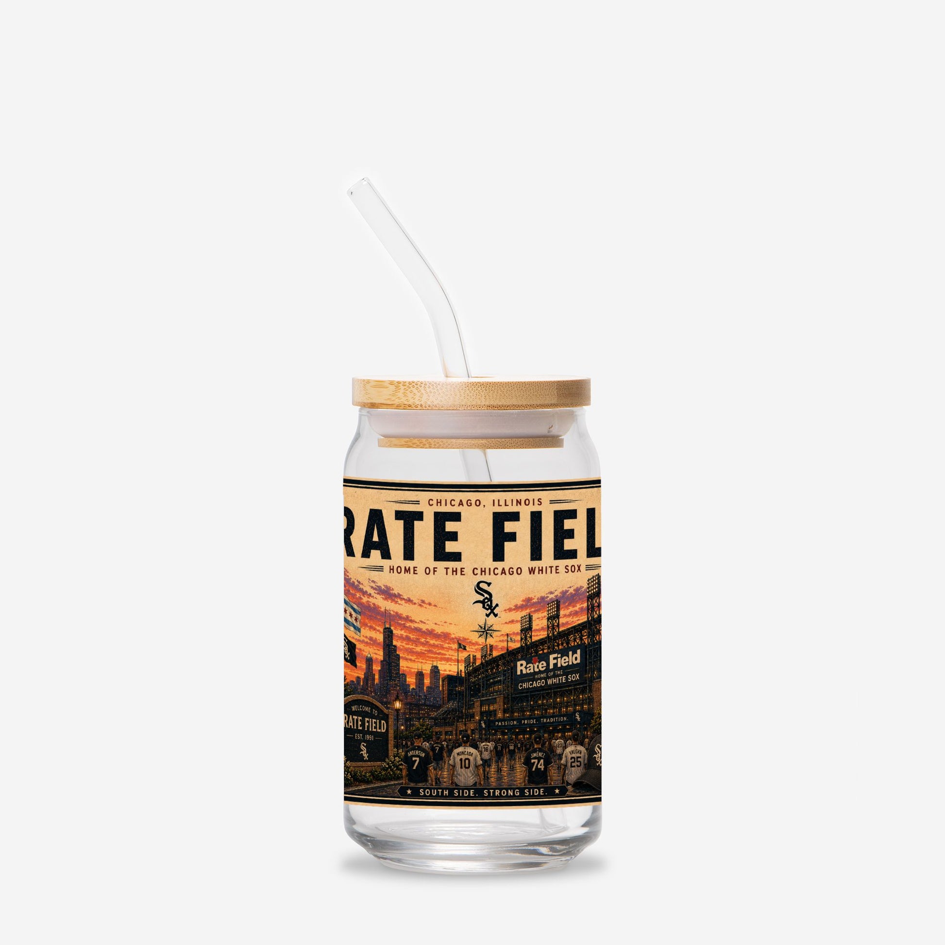 Glass tumbler with straw and wooden lid featuring a baseball stadium design on a white background
