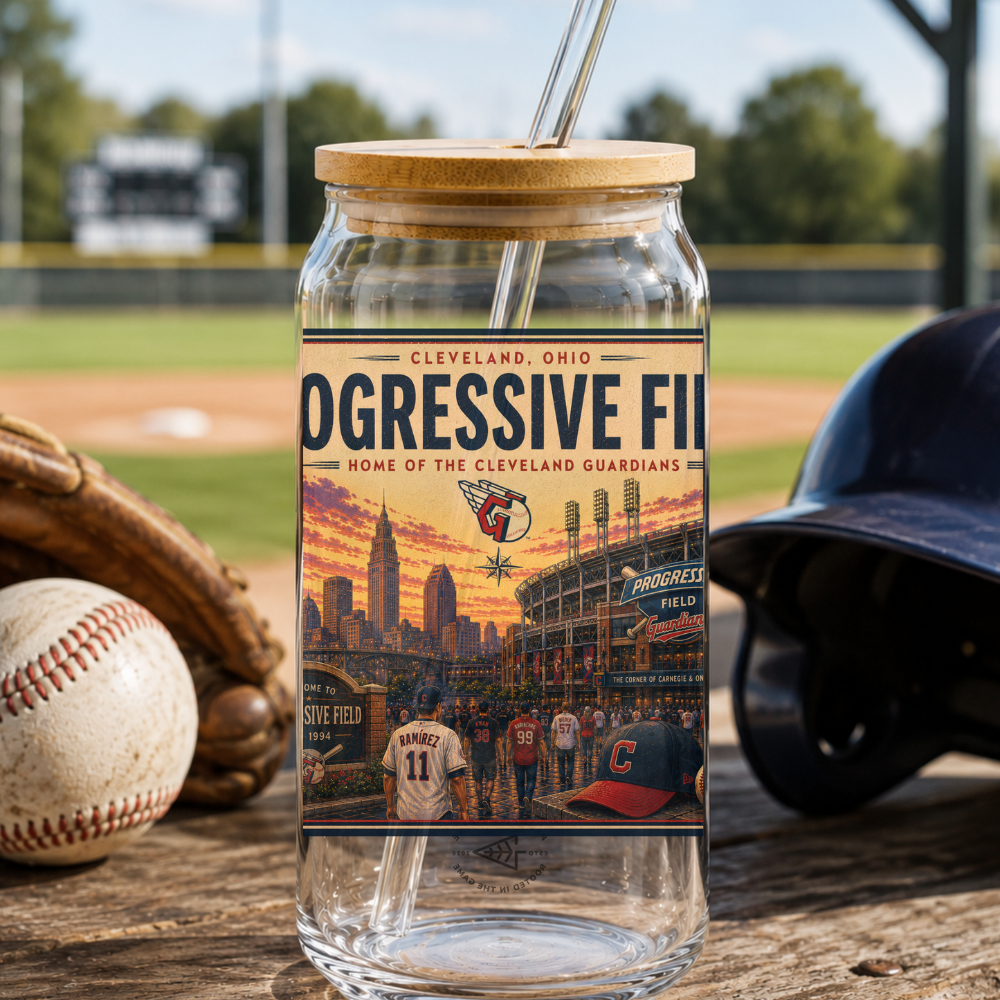 Glass tumbler with lid featuring Progressive Field and Cleveland Guardians on a baseball field background