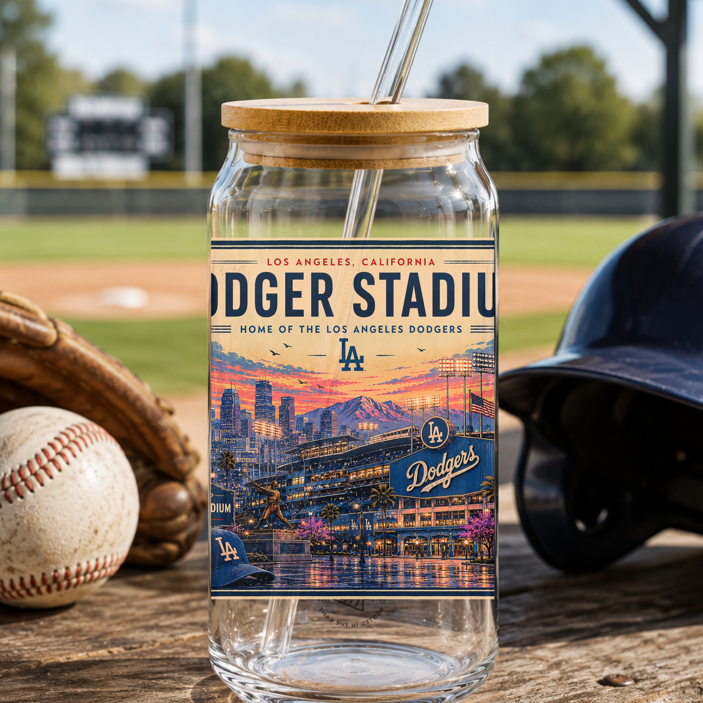 Glass water bottle with Dodger Stadium design on a baseball field background