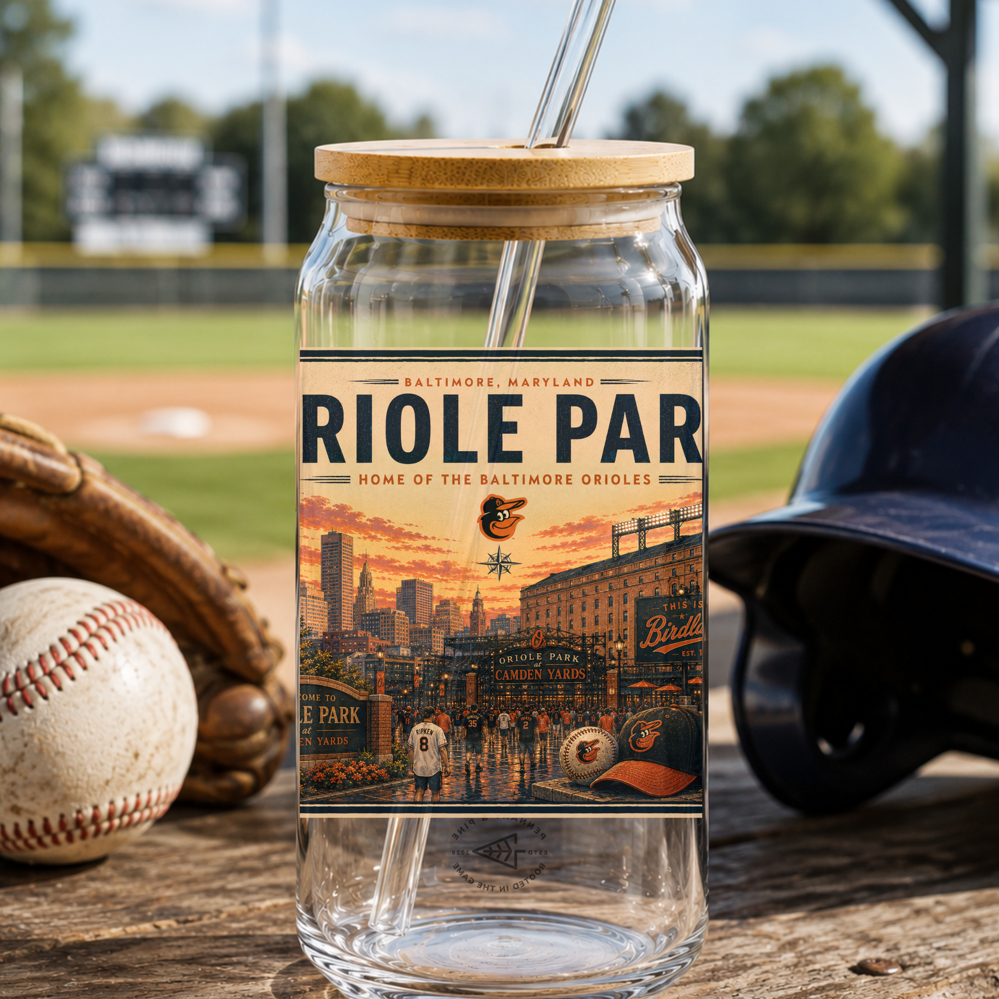 Glass tumbler with wooden lid featuring Riale Park design, baseball glove, ball, and helmet on a baseball field background.