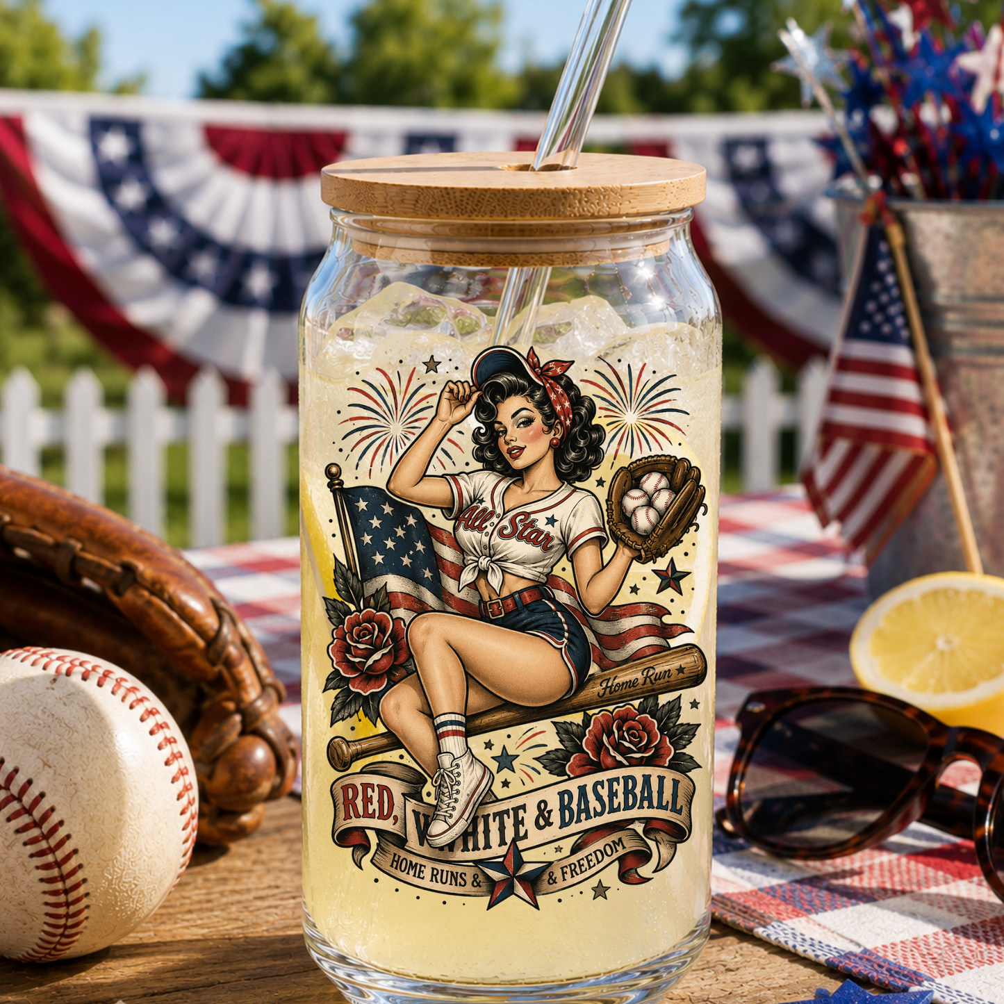 All Star Pinup 4th of July Glass Can 16oz