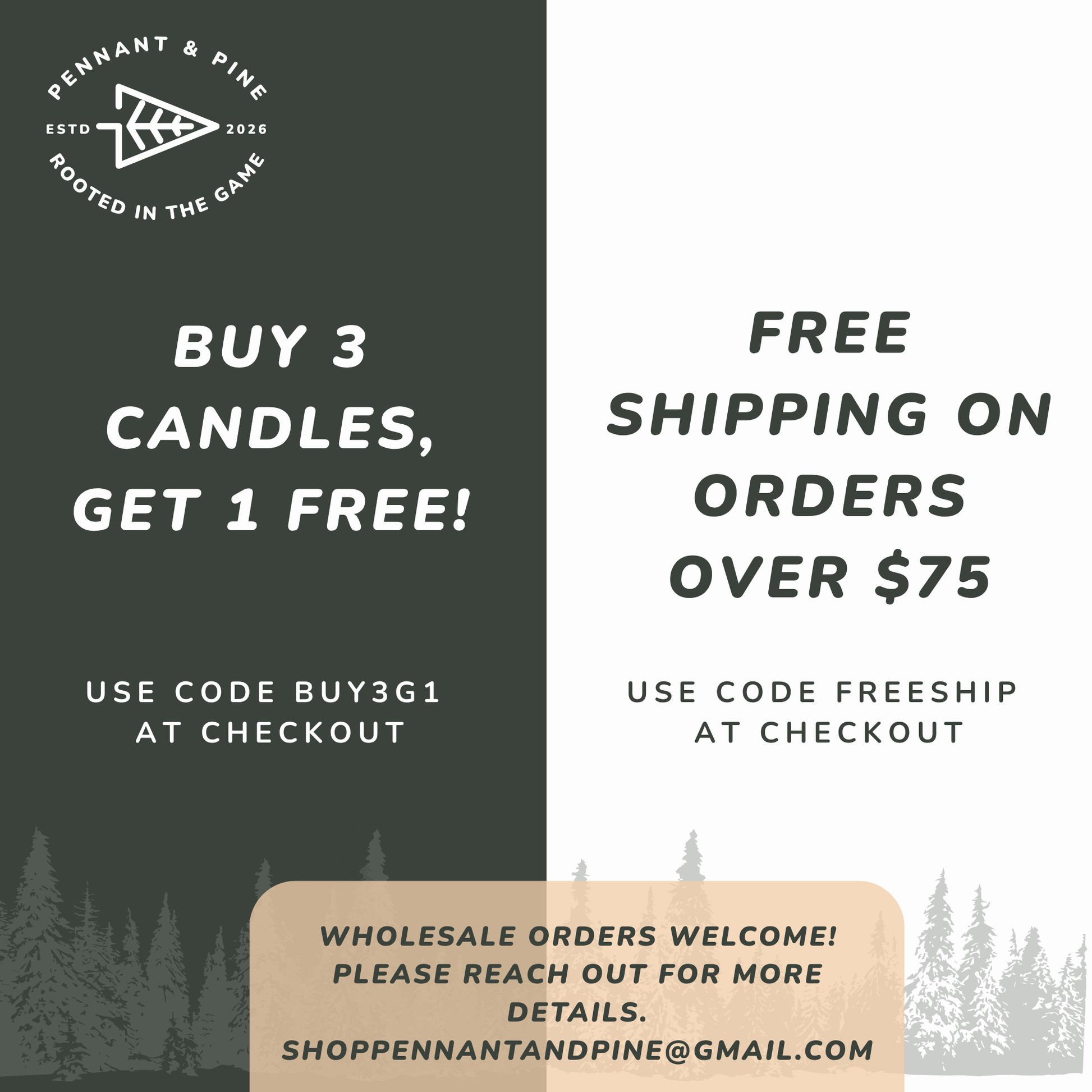 Promotional flyer for Pennant & Pine with candle sale and free shipping offers.