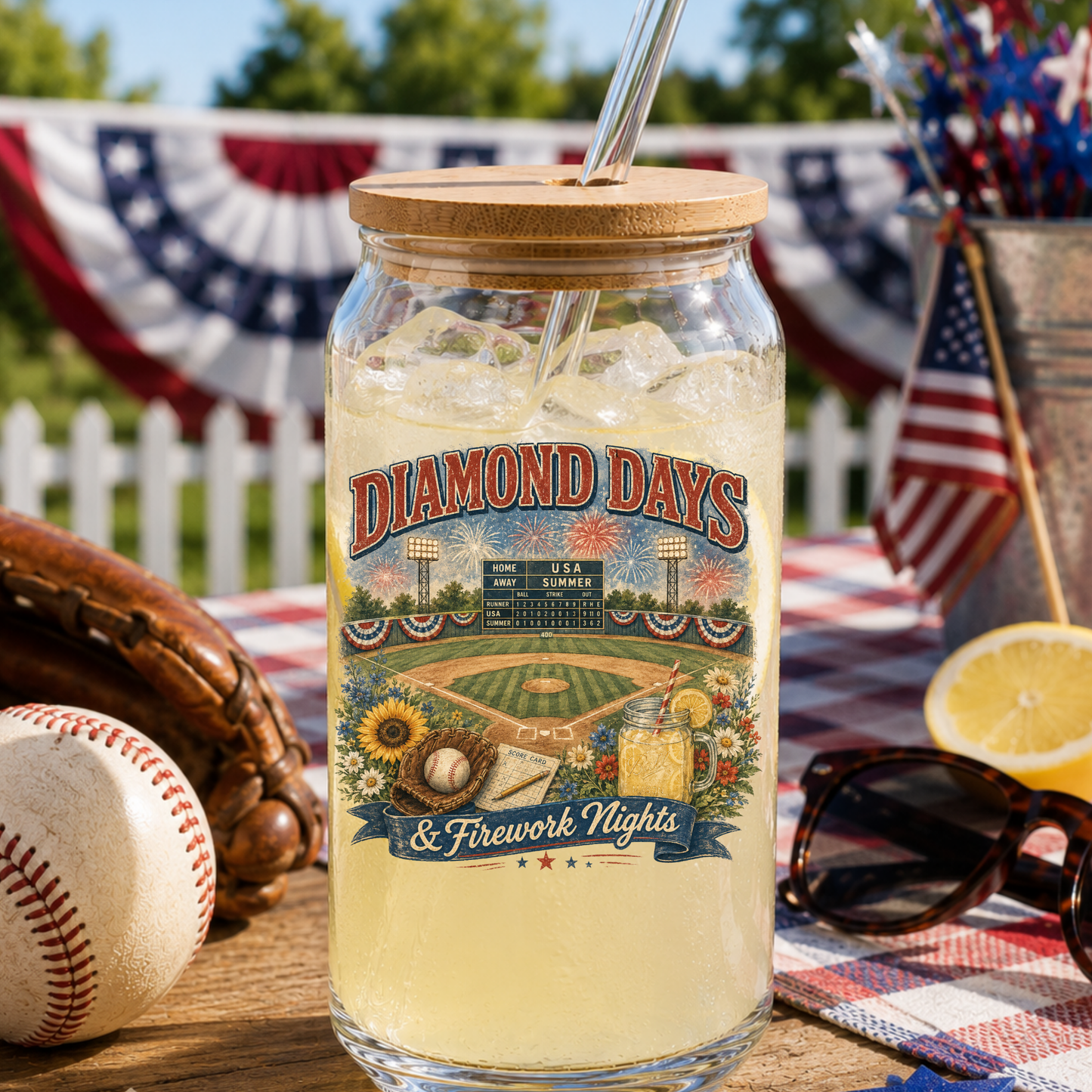 Diamond Days and Firework Nights 4th of July Glass Can 16oz