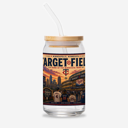 Glass tumbler with wooden lid and baseball-themed label on a white background