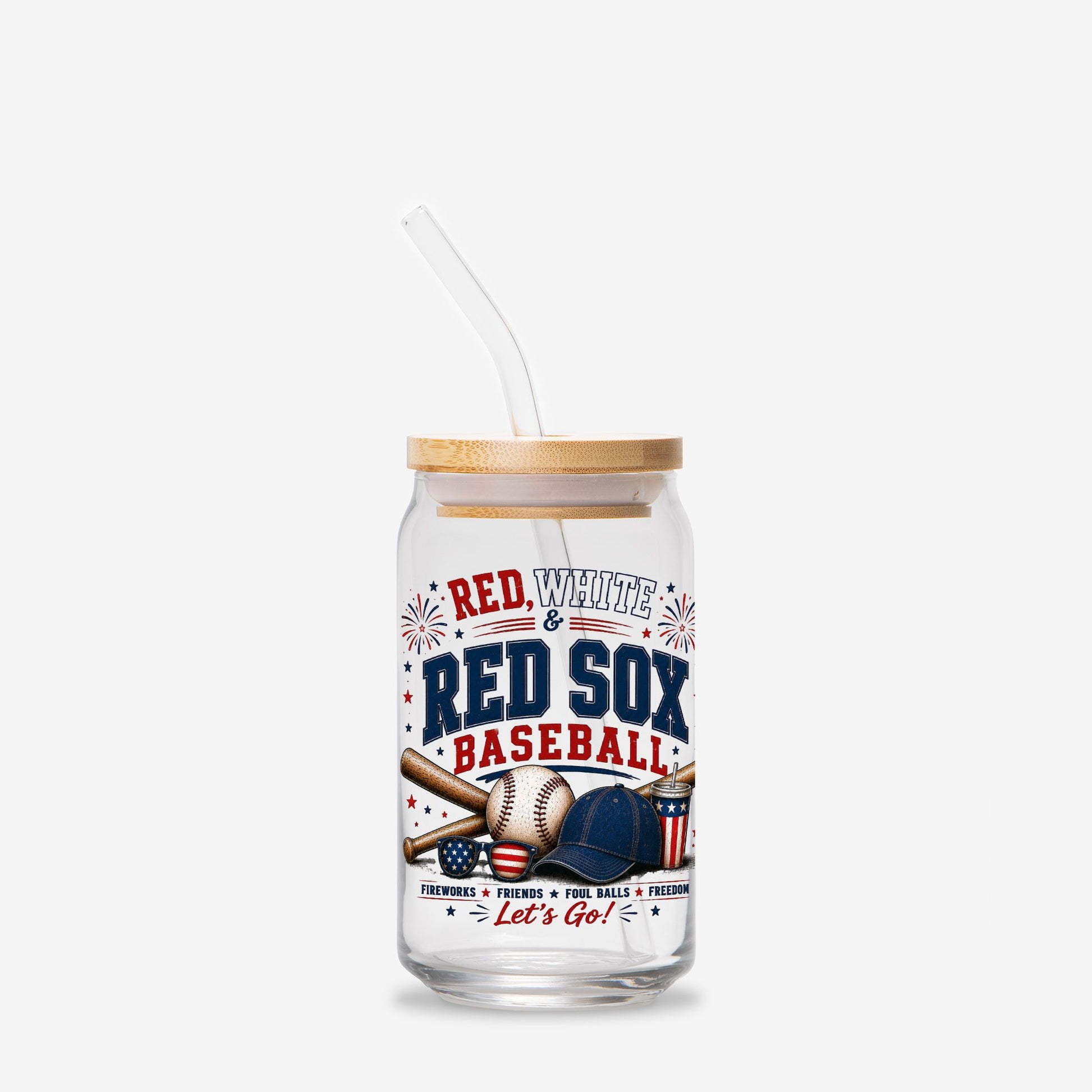 Glass tumbler with straw featuring Red Sox baseball design on a white background
