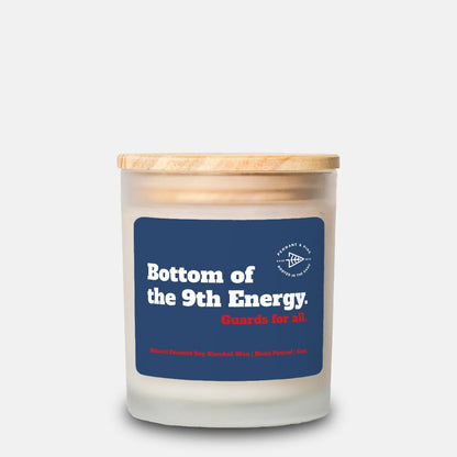 Candle with a blue label on a white background