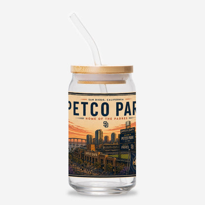 Glass tumbler with straw and lid featuring Petco Park design on a white background