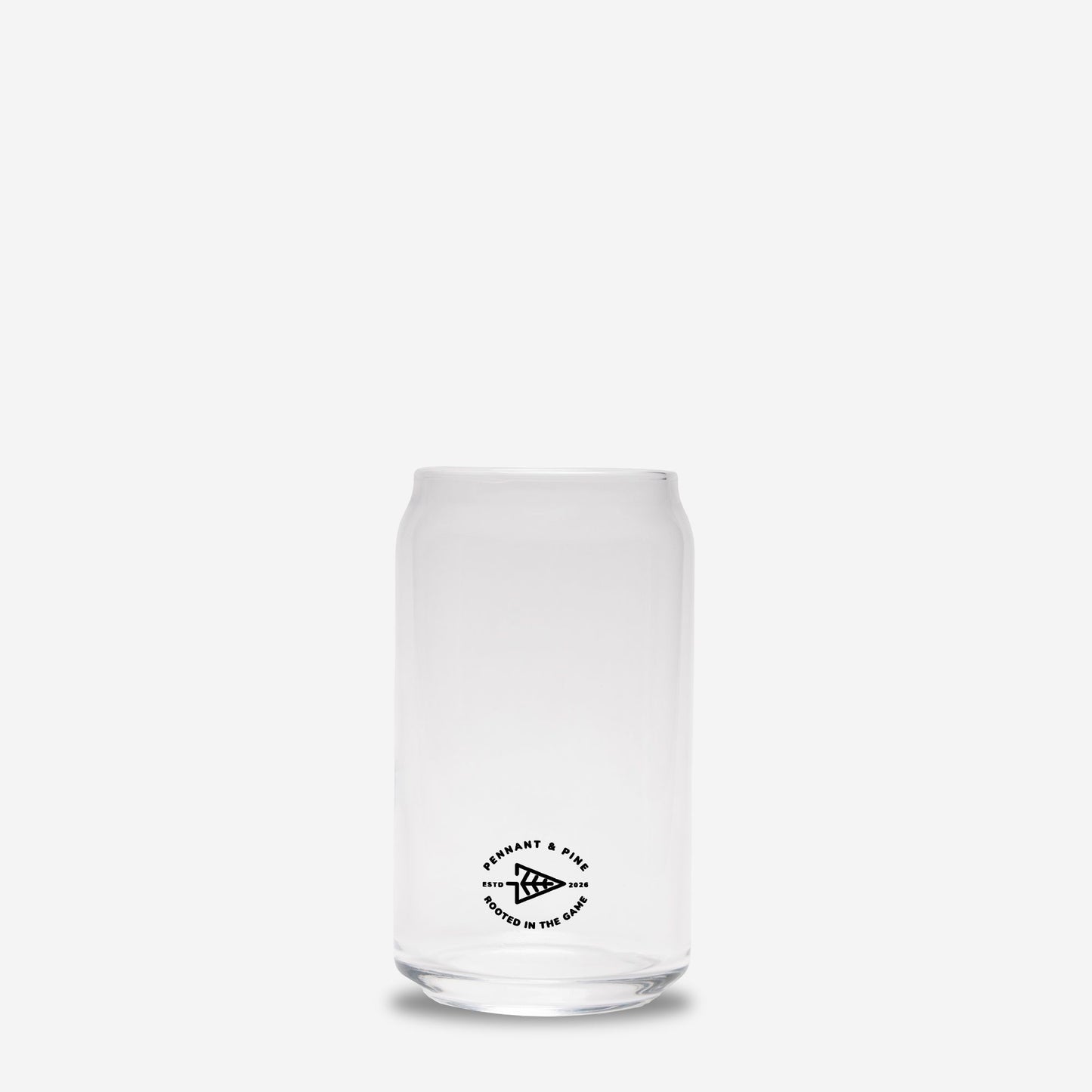 Clear glass tumbler with a black logo on a white background
