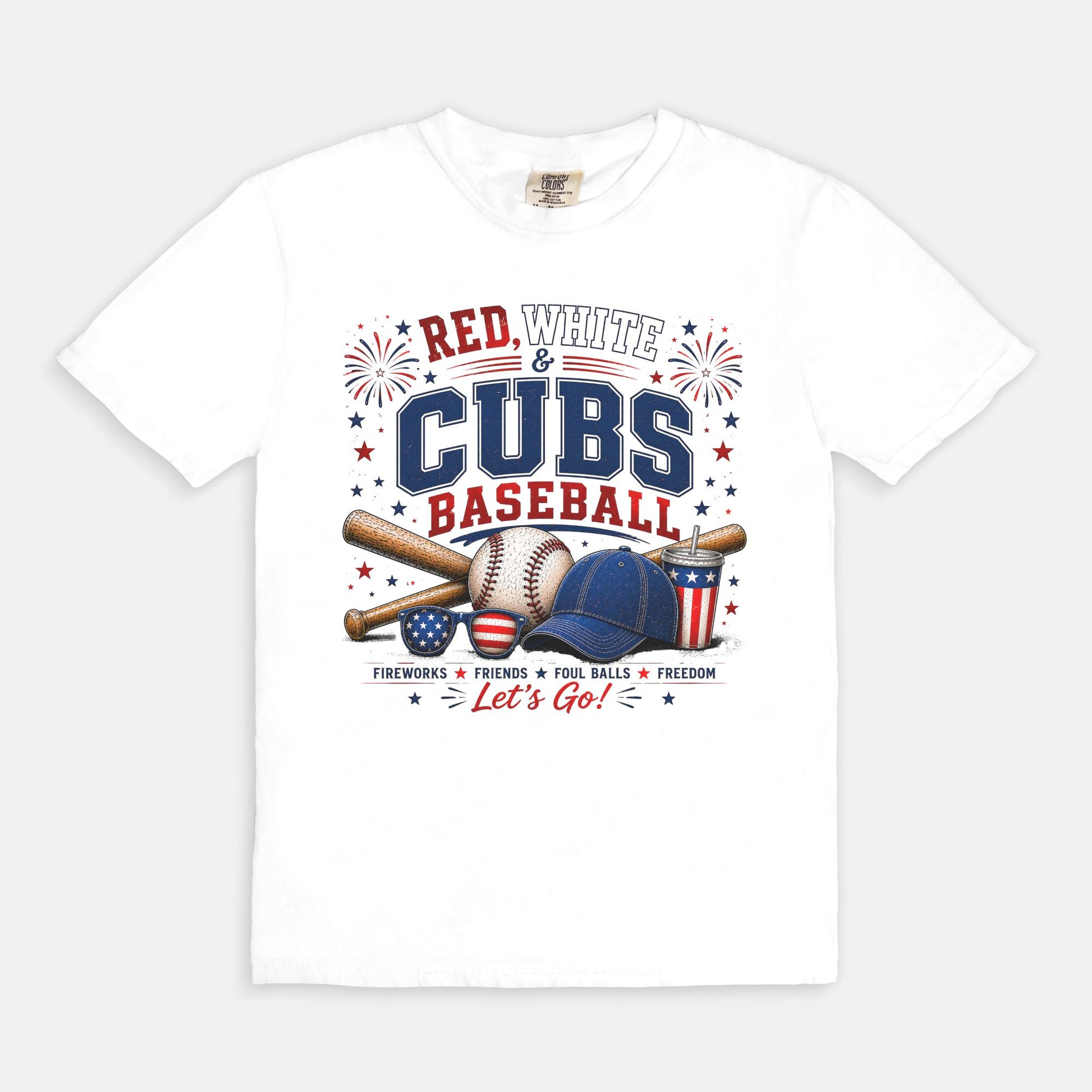 White t-shirt with Cubs baseball graphic design on a white background