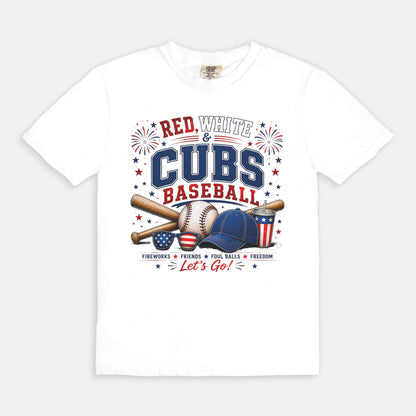 White t-shirt with Cubs baseball graphic design on a white background