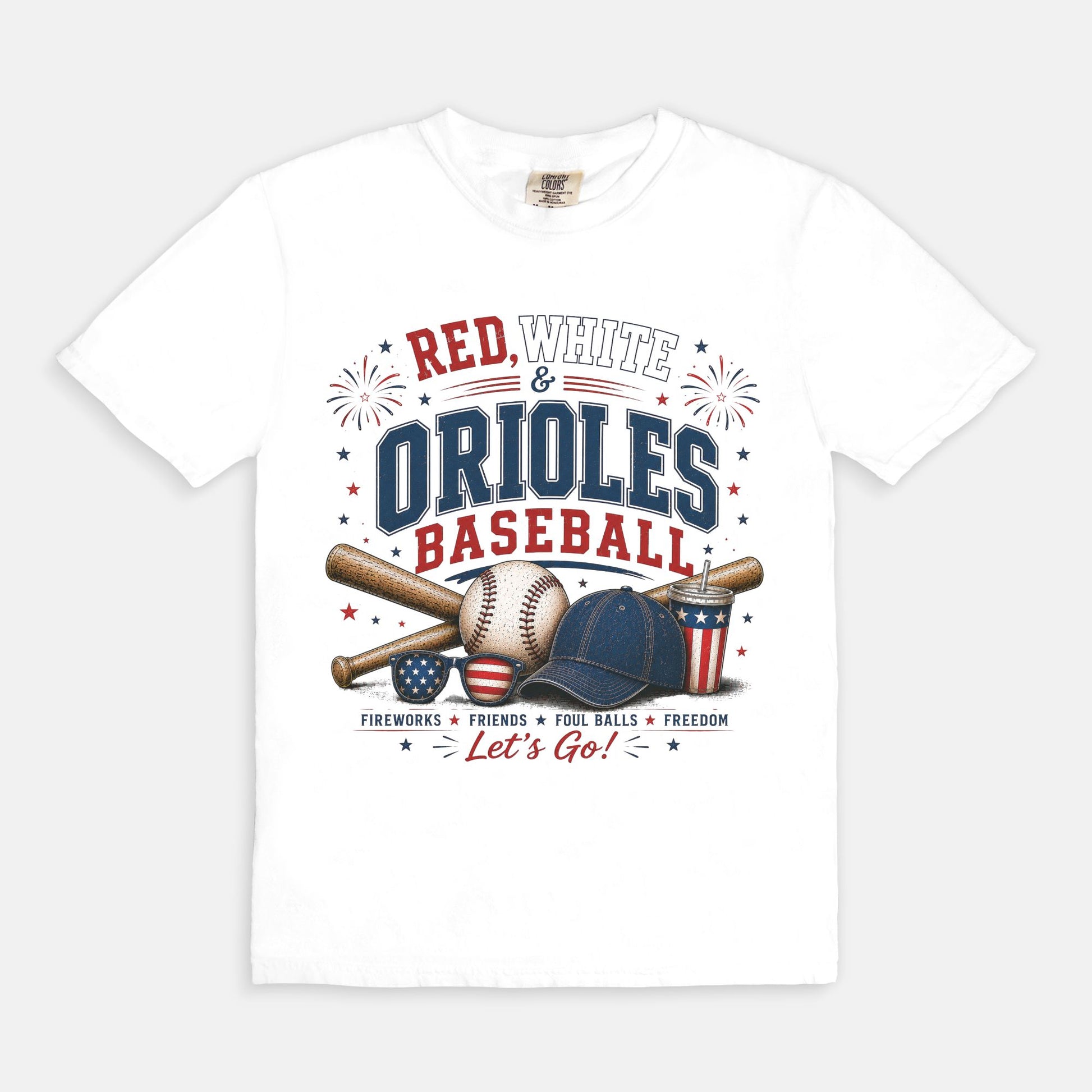 White t-shirt with Orioles baseball graphics and text on a white background