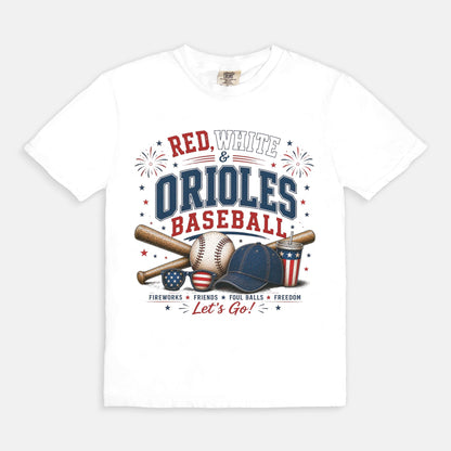 White t-shirt with Orioles baseball graphics and text on a white background