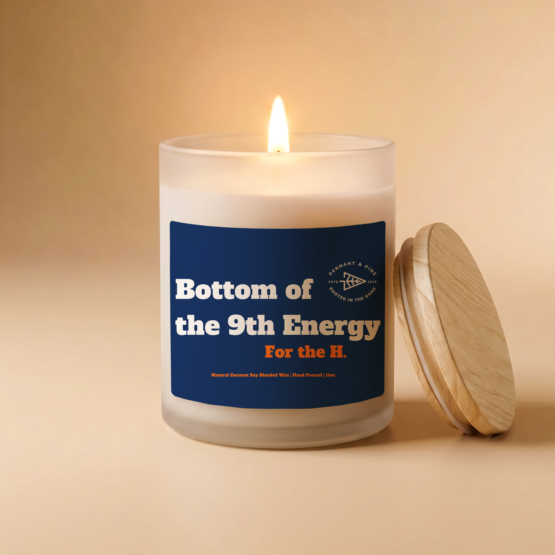 Candle with a blue label on a beige background