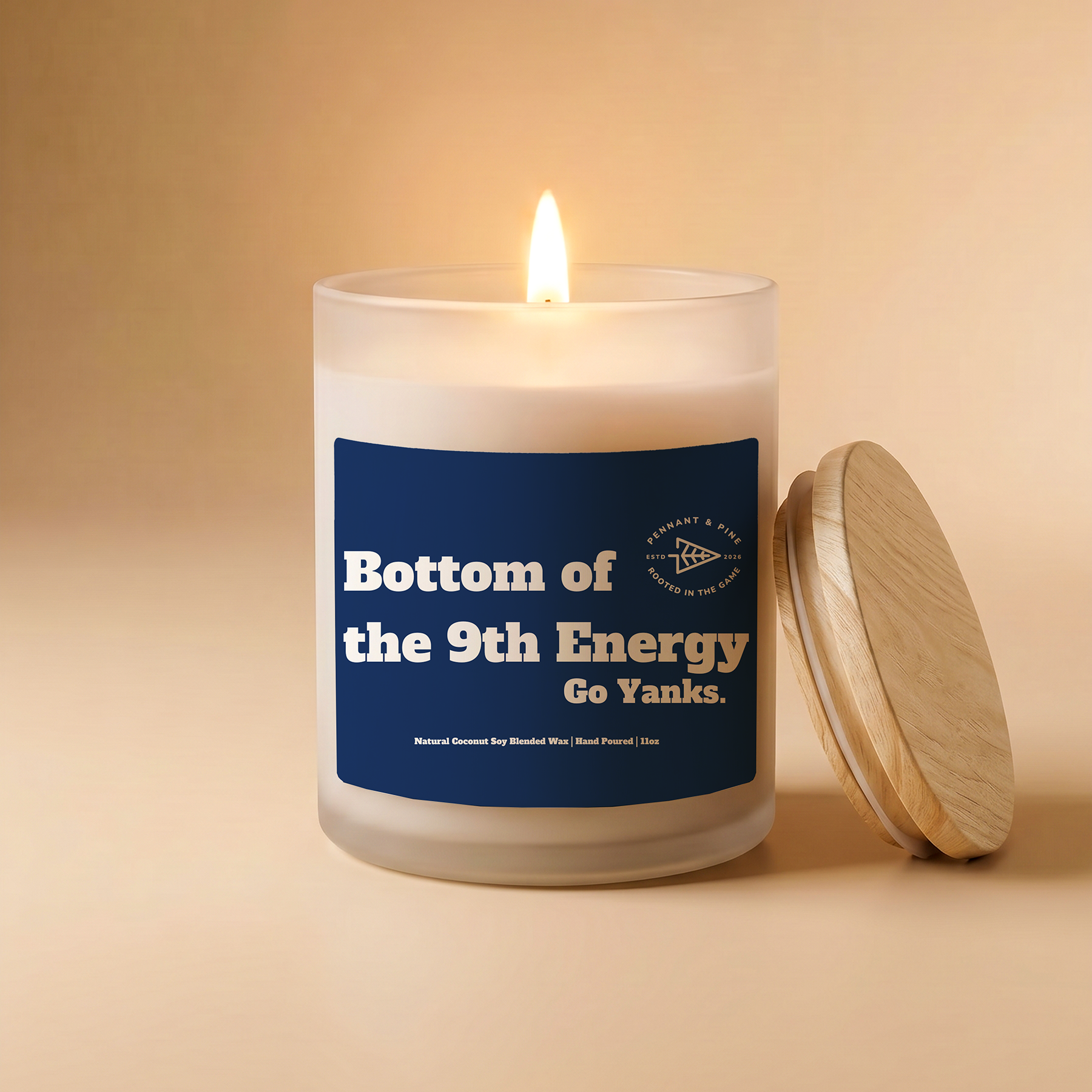 Candle with a blue label on a beige background