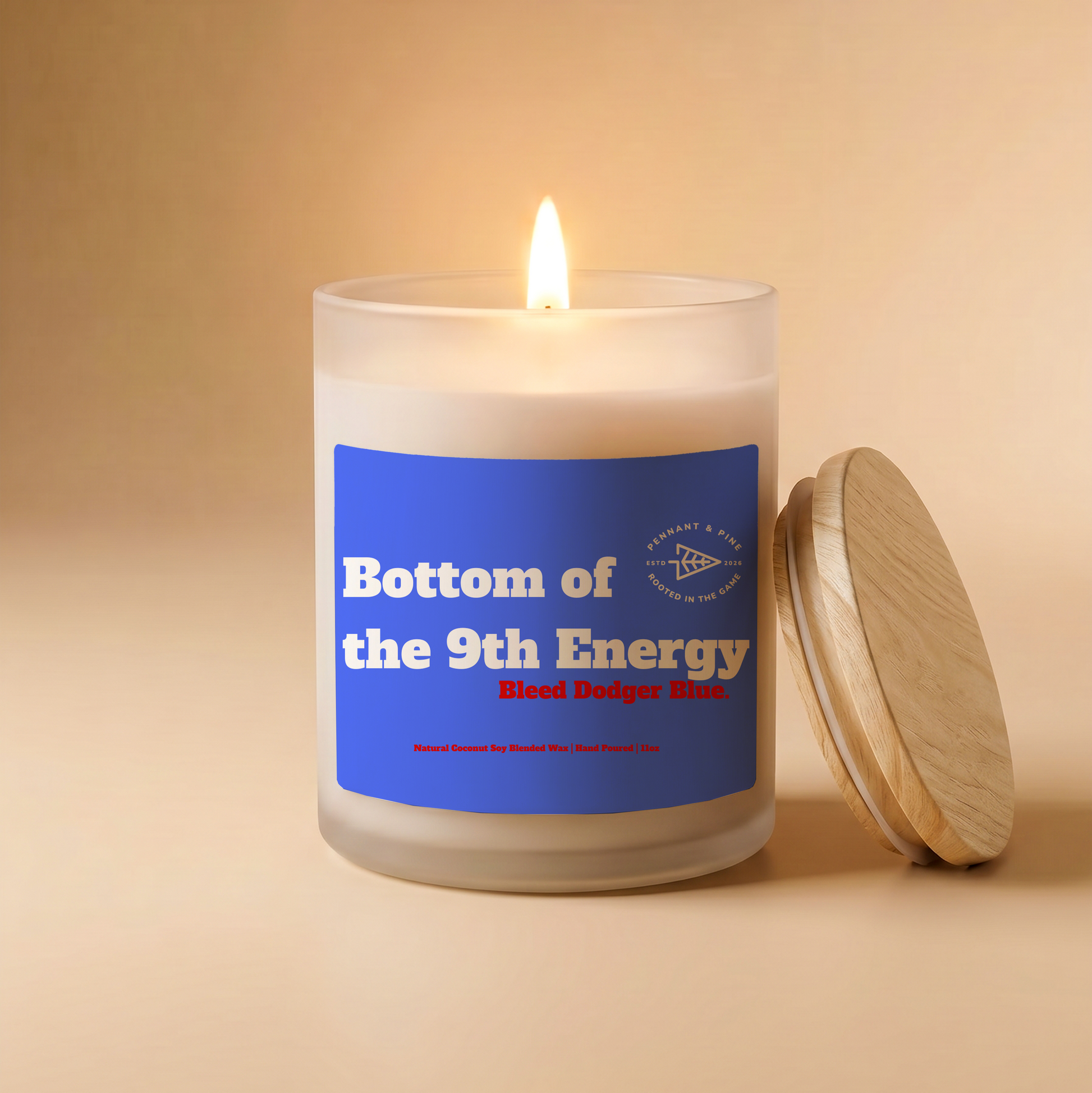 Candle with a blue label on a beige background
