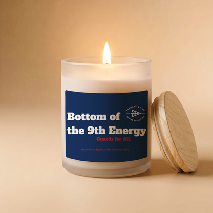 Candle with a blue label on a beige background