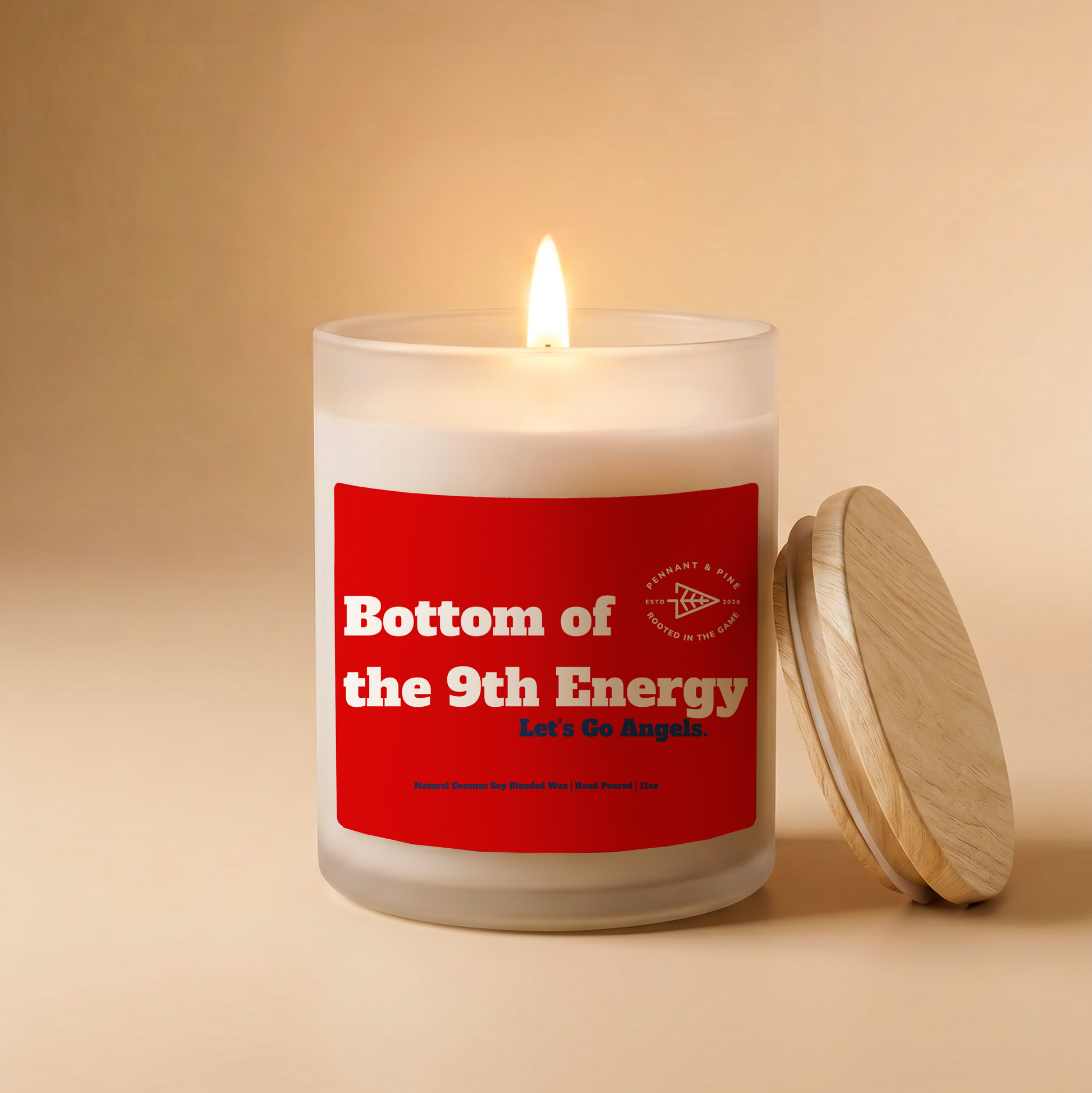 Candle with a red label on a beige background
