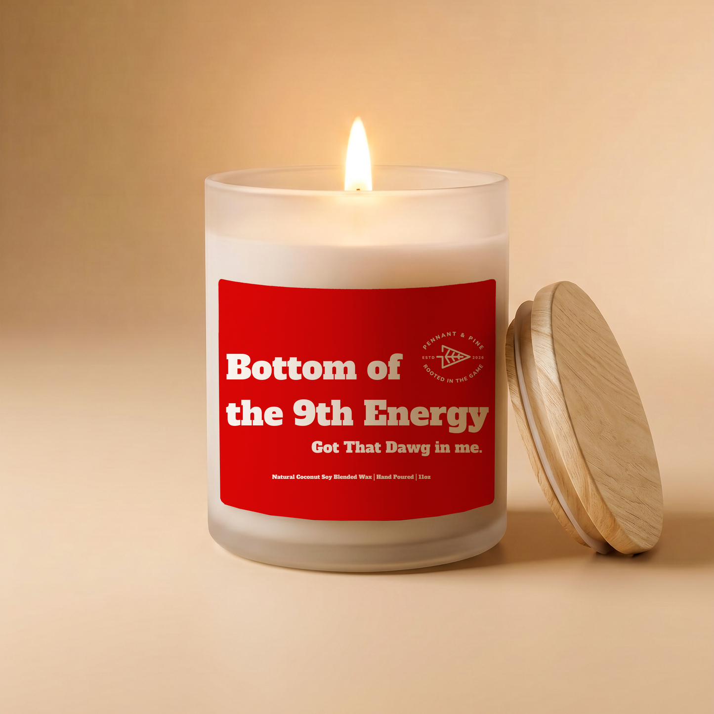 Candle with a red label on a beige background