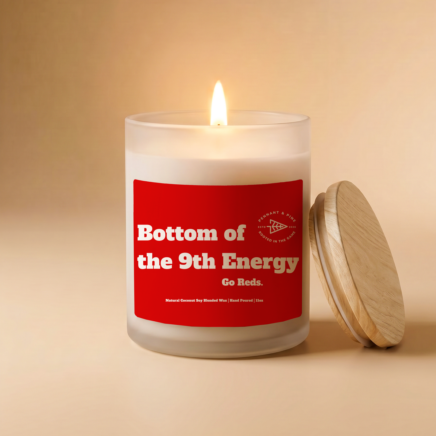 Candle with a red label on a beige background