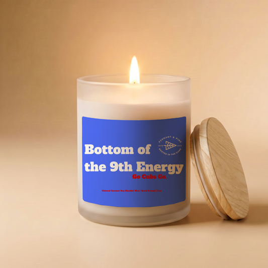 Candle with a blue label on a beige background