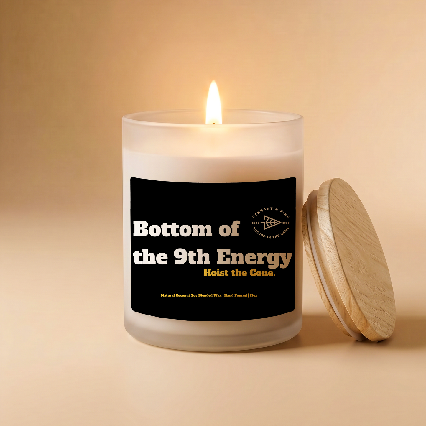 Candle with a black label on a beige background