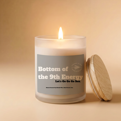 Candle with a label on a beige background