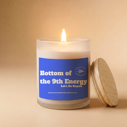 Candle with a blue label on a beige background