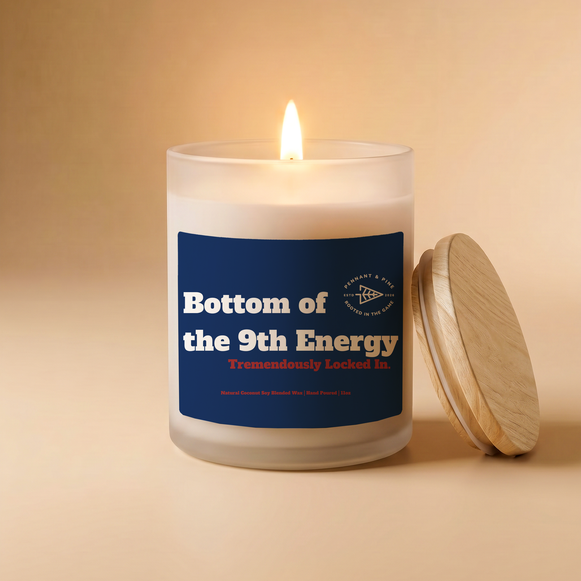 Candle with a blue label on a beige background