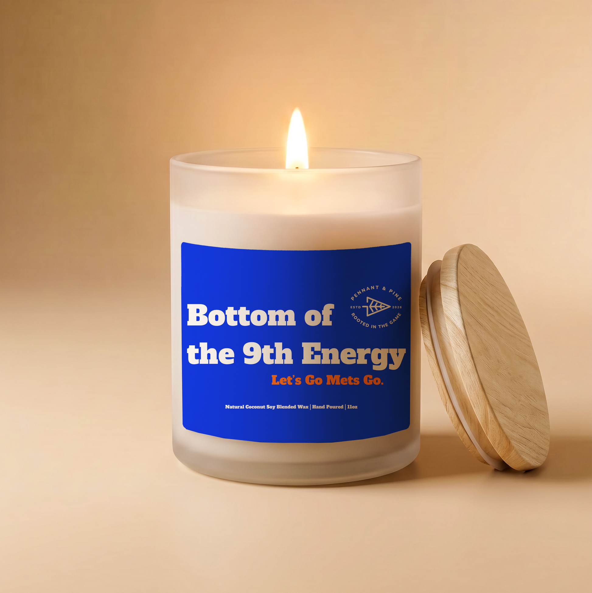 Candle with a blue label on a beige background