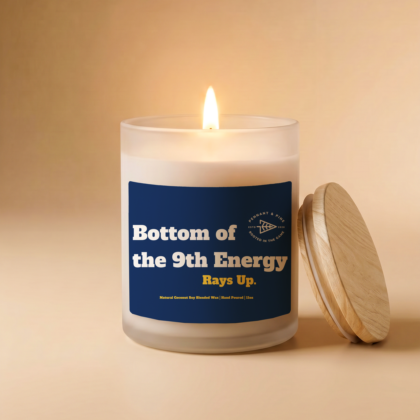 Candle with a blue label on a beige background