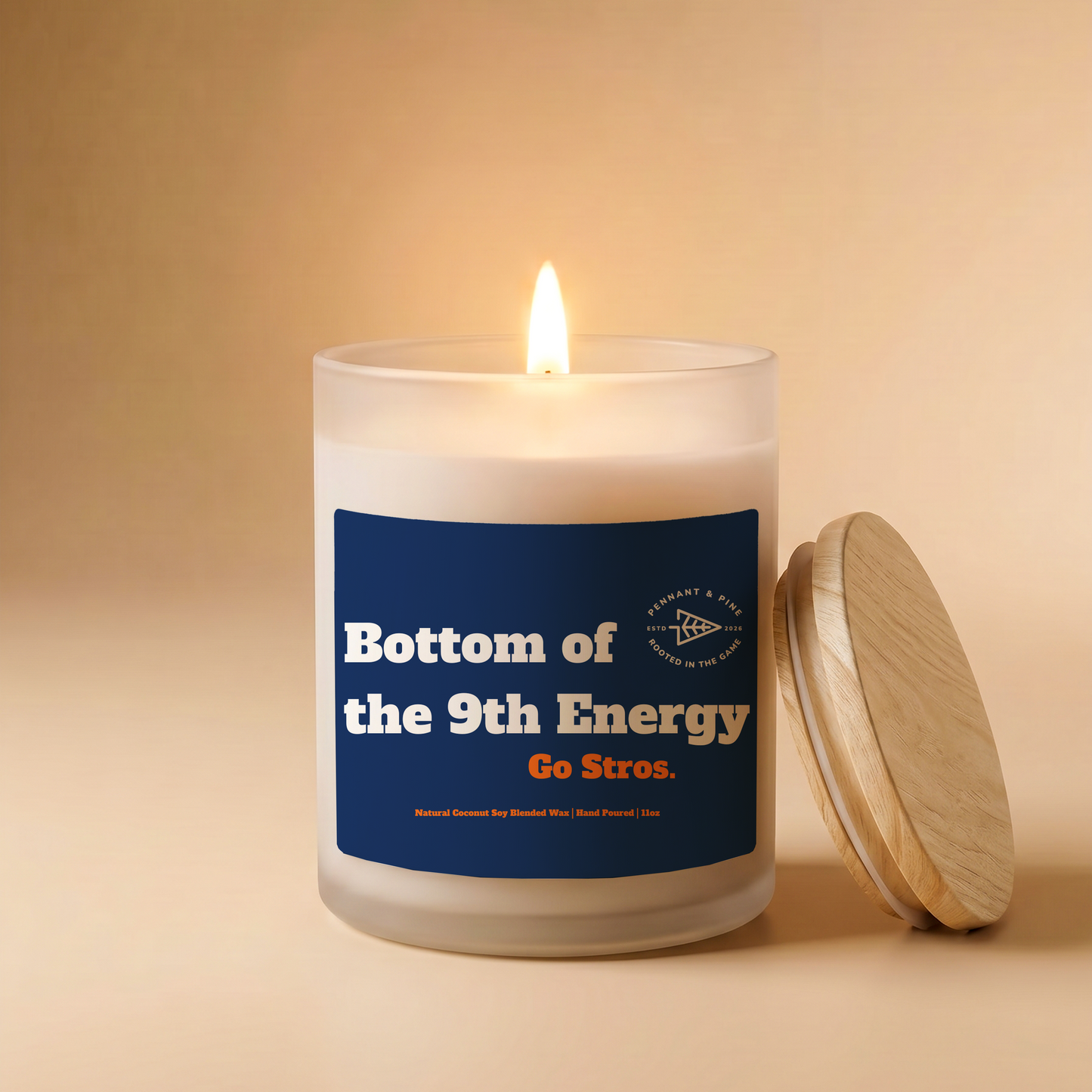 Candle with a blue label on a beige background